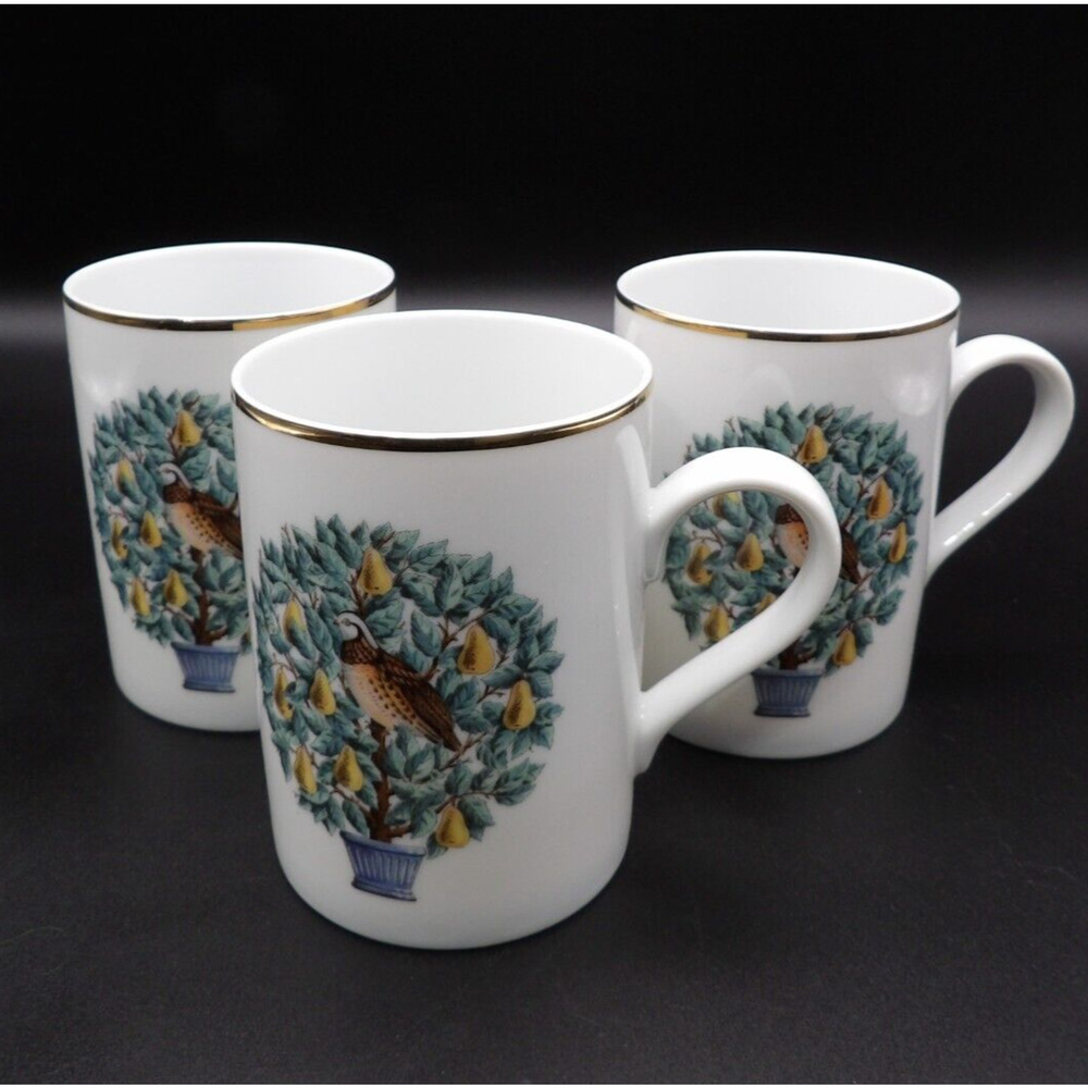 Avon 12 Days of Christmas Partridge Mug Set of 3 14K Gold Trim 3.75" VTG